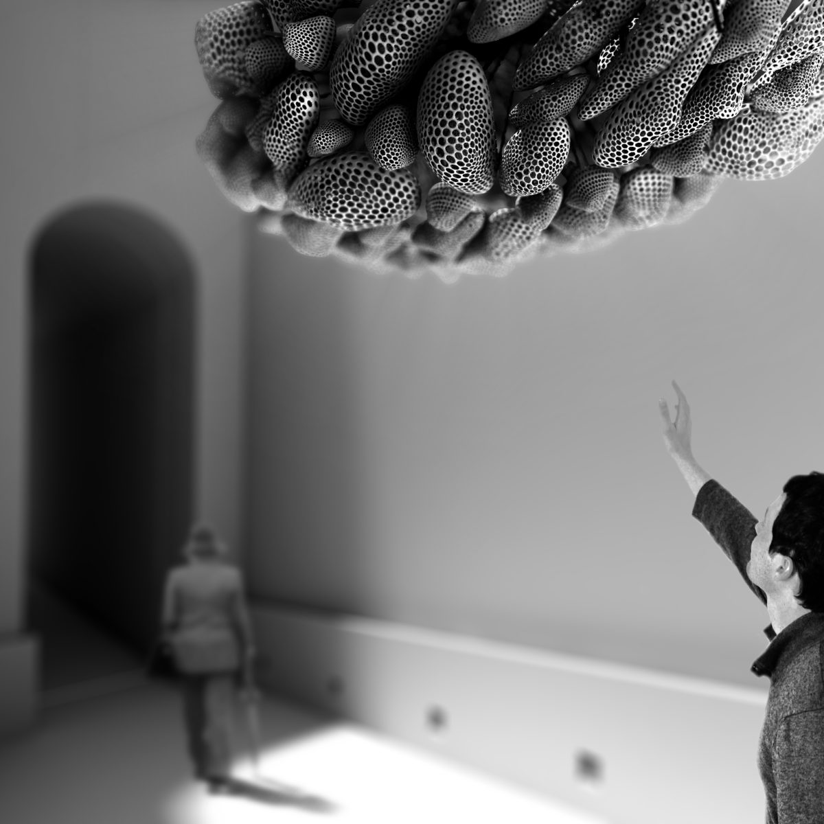 Overcast - Guan Lee, Mamou-Mani - 3D Printed Cloudlets Ceiling Installation - Day View of Installation at the V&A Museum