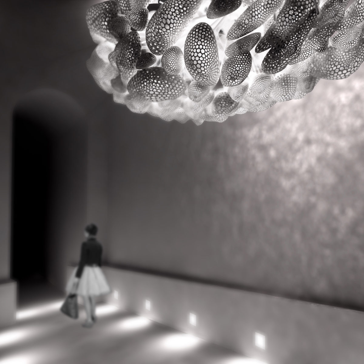Overcast - Guan Lee, Mamou-Mani - 3D Printed Cloudlets Ceiling Installation - Night View of Installation at the V&A Museum