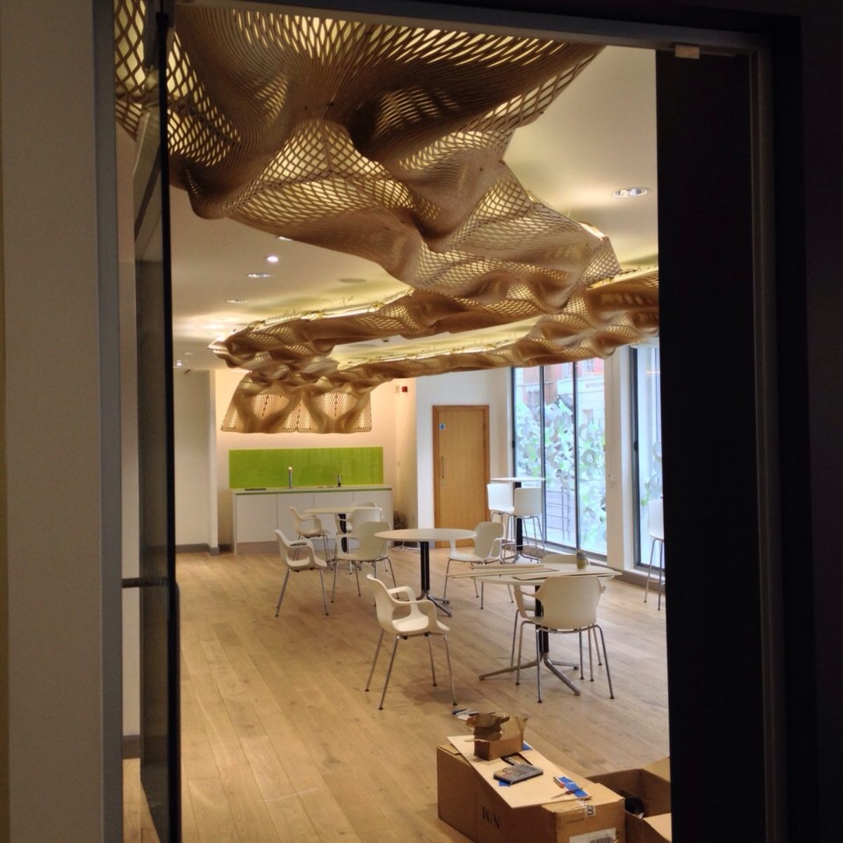 The Wooden Waves - Buro Happold - The ceiling Installation at 71 Newman Street - Picture by Dr. Bilal Mian ©Mamou-Mani