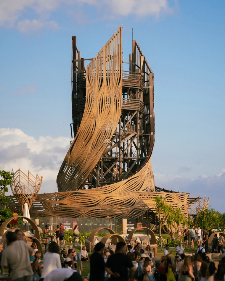 THK Tower rising above its sweeping rattan canopy at Nuanu, Bali