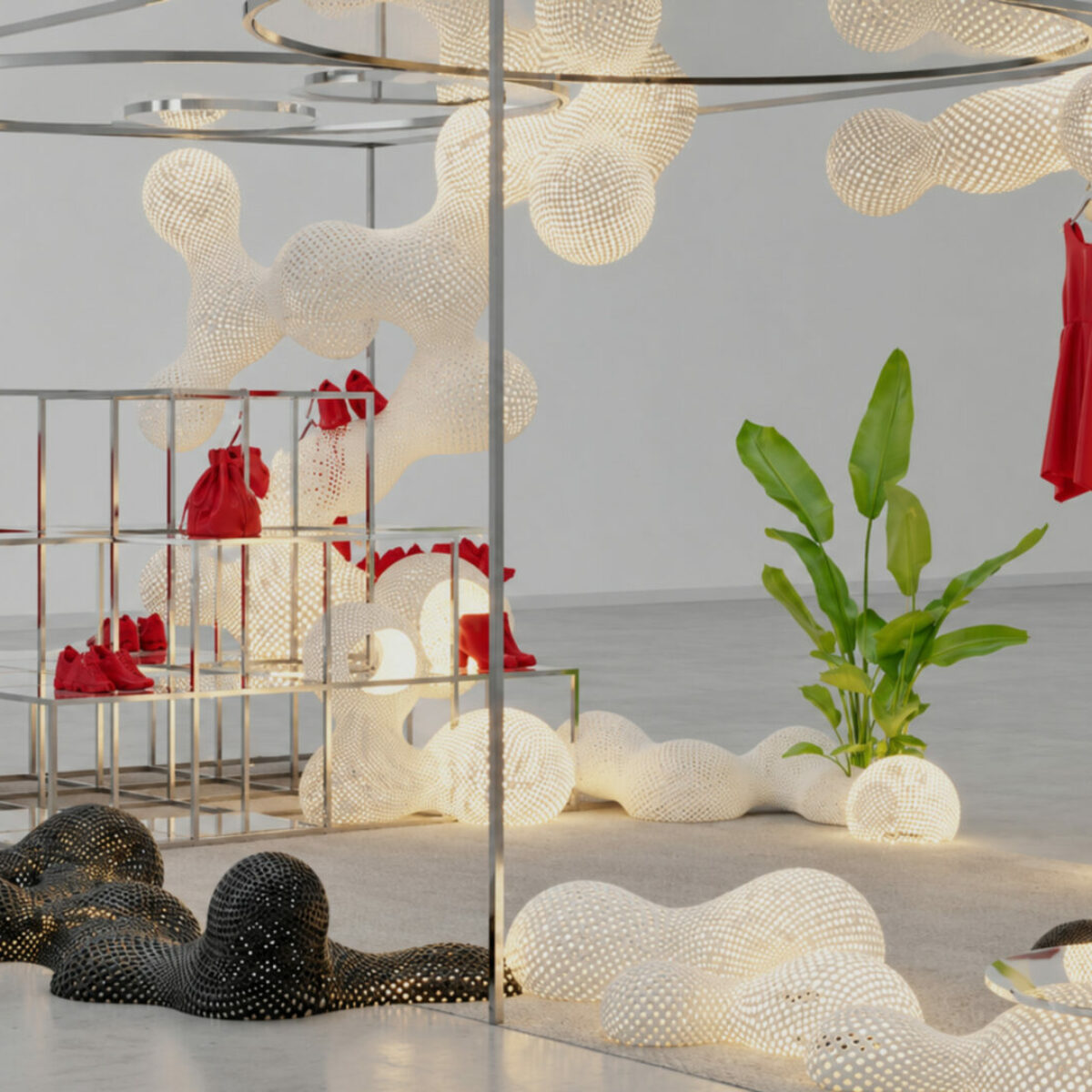 AZ Factory retail concept with a metal display grid and sculptural Tech Clouds