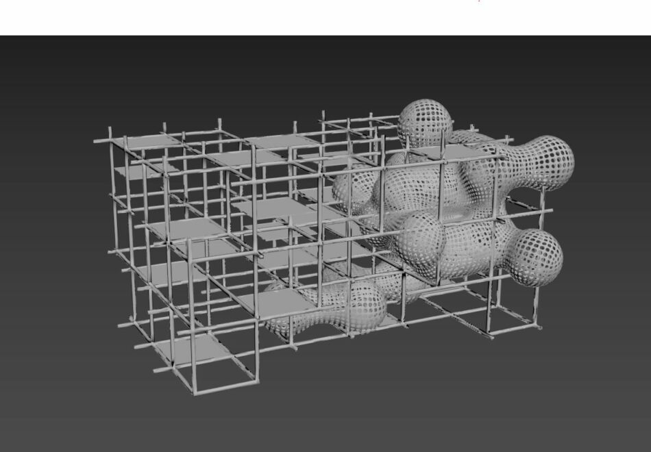 Design model showing the modular display grid and branching Tech Clouds for AZ Factory.