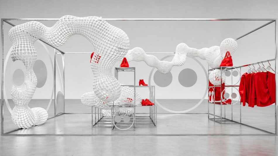 Concept rendering of AZ Factory retail displays with white perforated Tech Clouds and red garments.